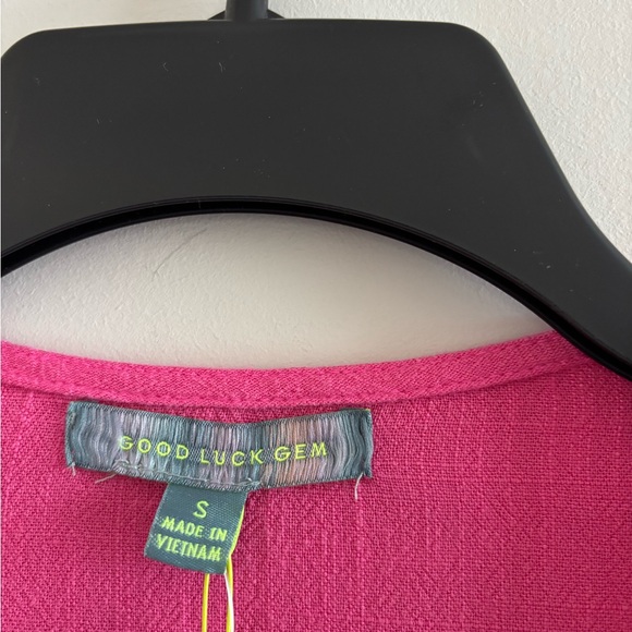 Good Luck Gem Dress Mini Pink Linen Button Flutter Sleeve Womens S Boho NWT - Picture 5 of 11